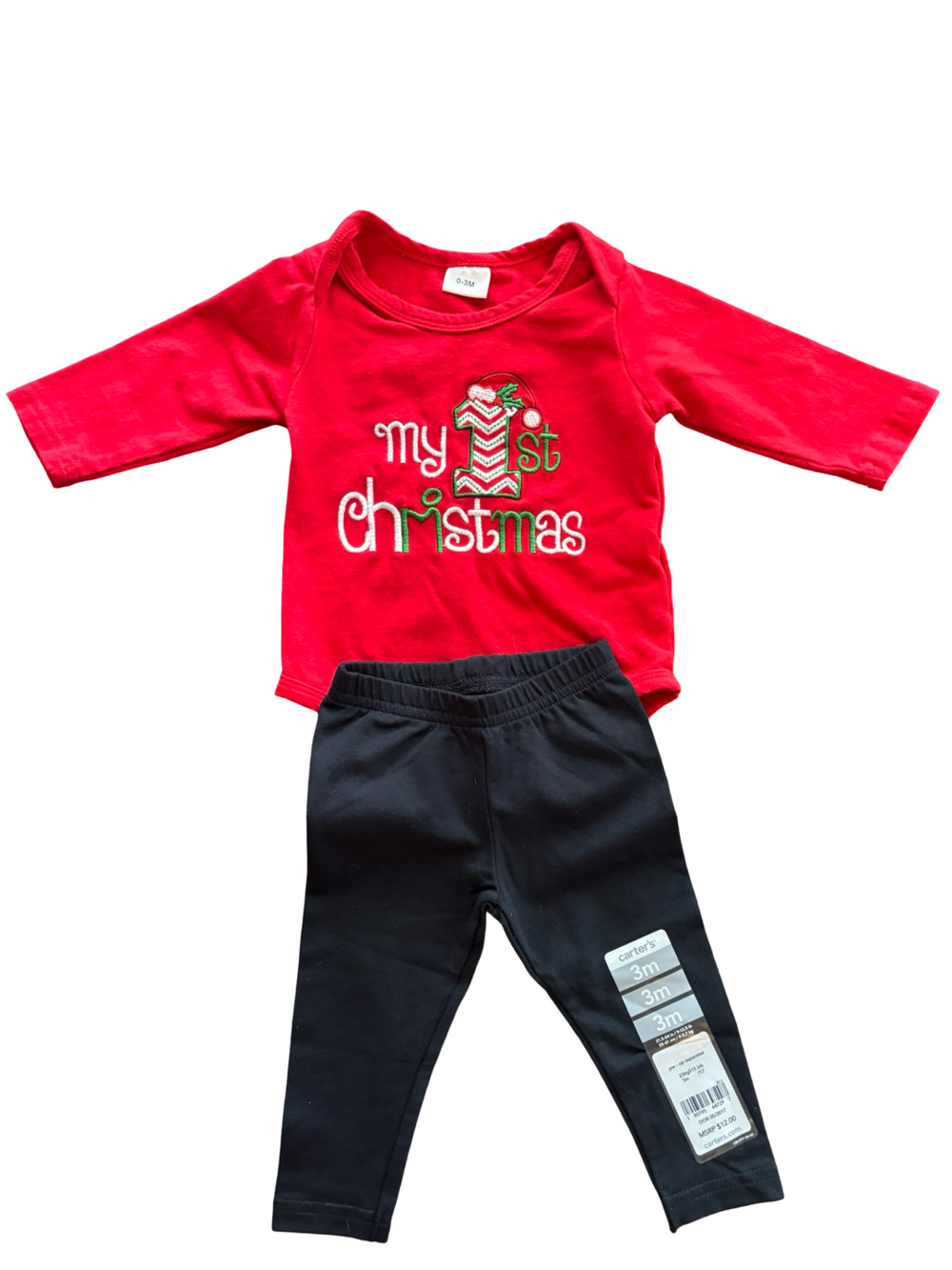 Carter's My 1st Christmas Outfit Size 3M Red Bodysuit Black Pants